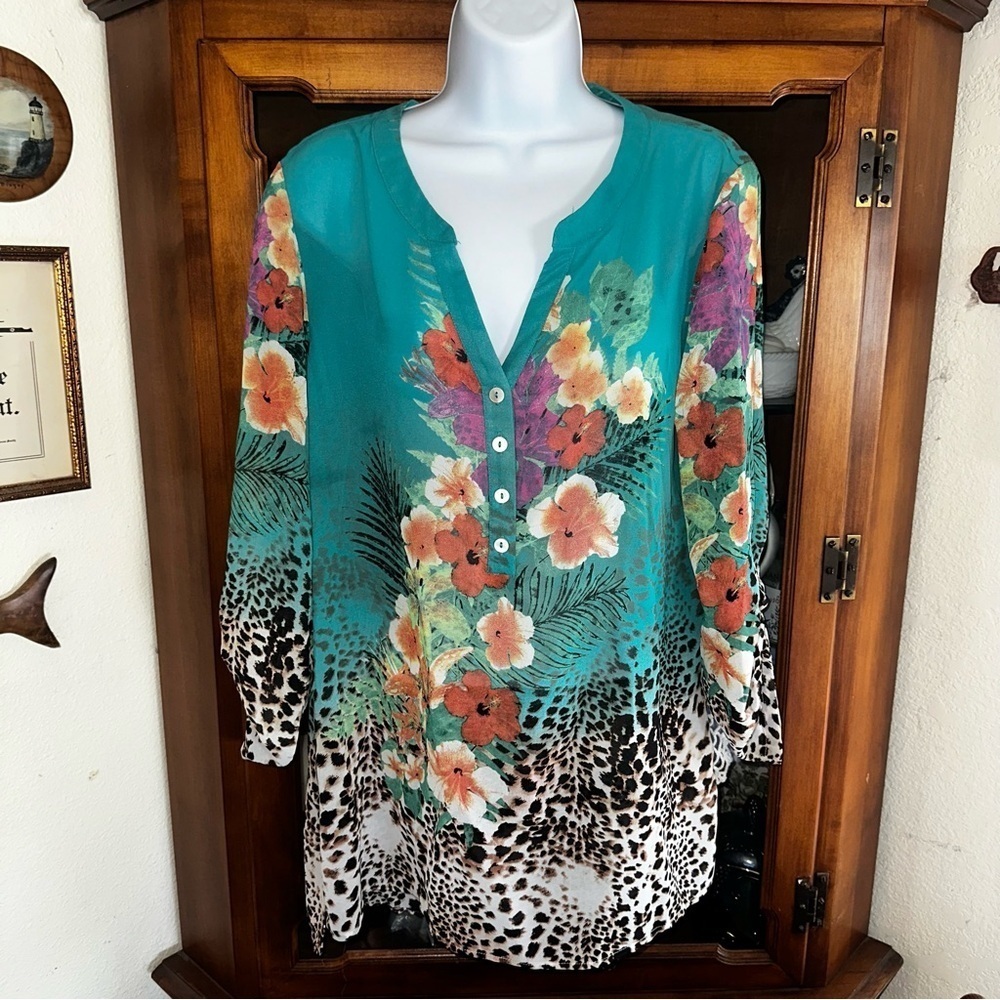Soft Surroundings Popover Leopard Print Tropical Breeze Floral Roll Tab Tunic-M